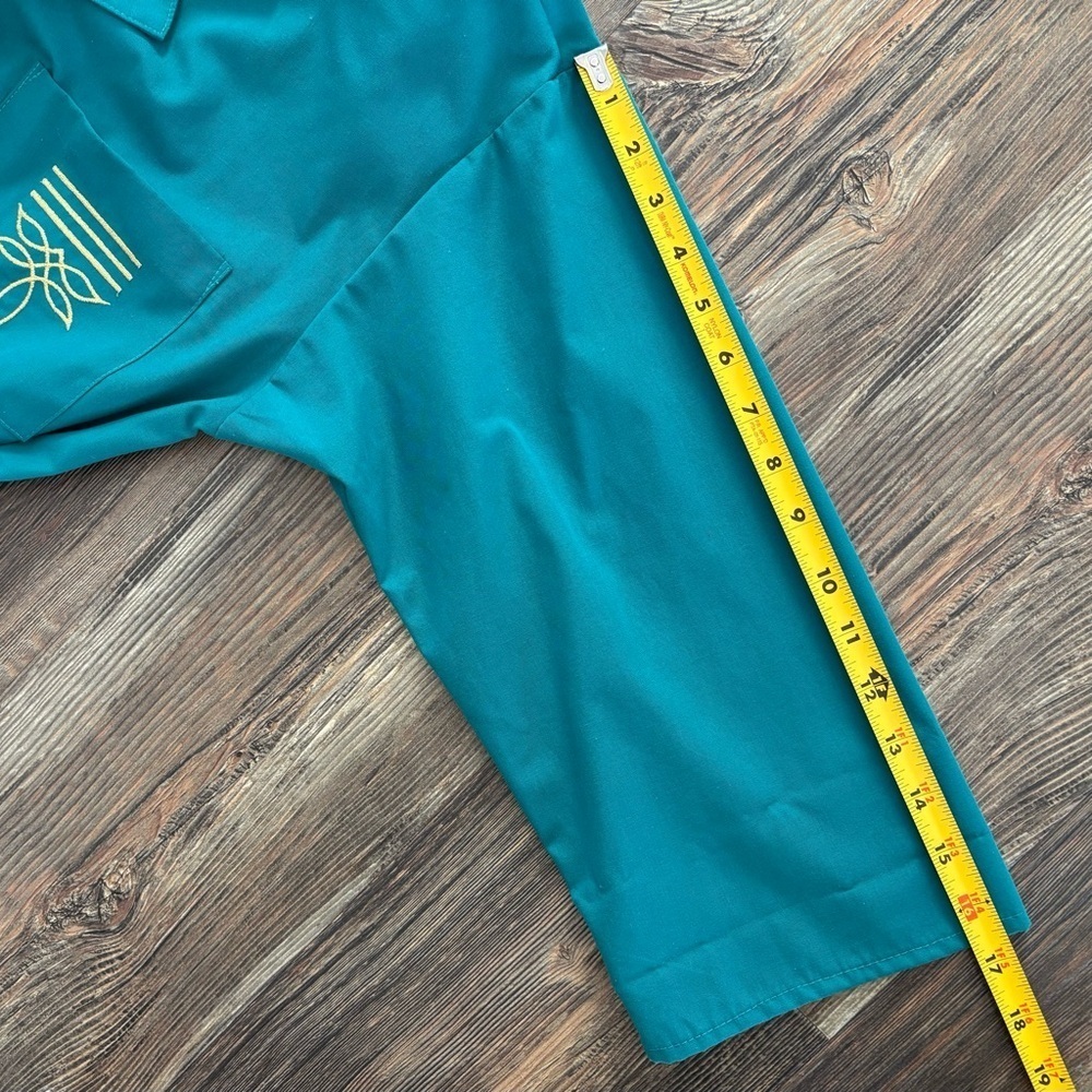 Vtg The American Shirt Dress Womens 8 Midi Belted Teal w/Gold Embroidery Buttons - Picture 8 of 14